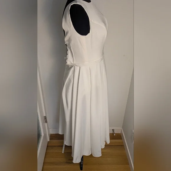 Off White Boatneck Midi Wedding Dress Romantic Lace-Up Back and bow Sz 6 NEW - Picture 7 of 16